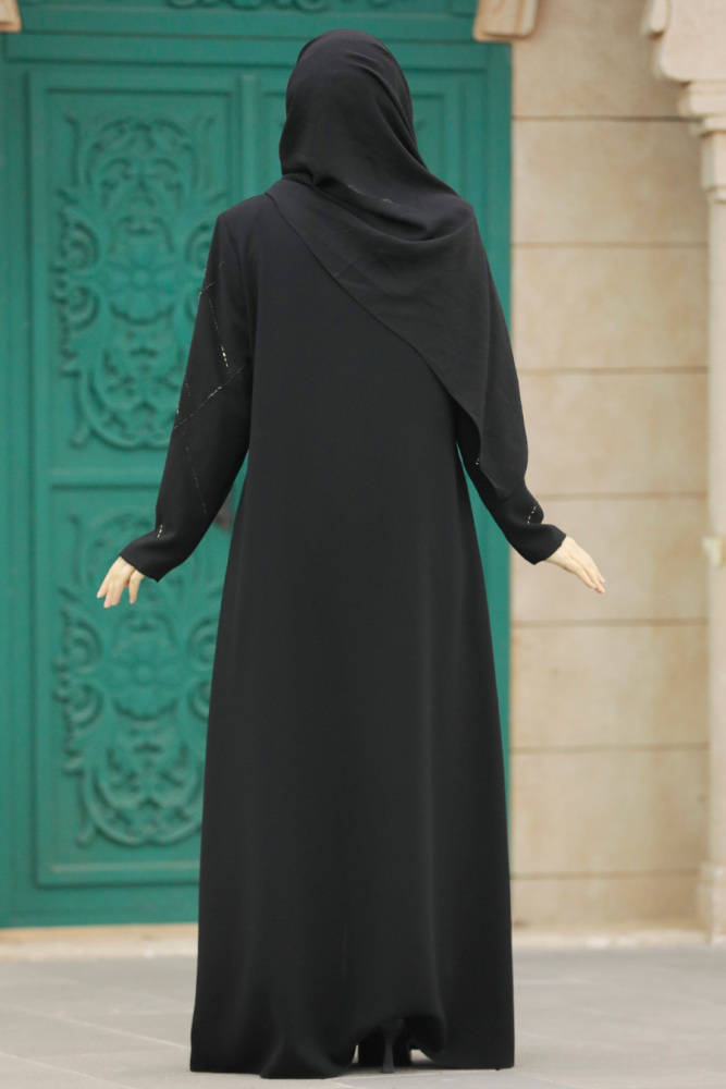 Neva Style - Fermuarlı Siyah Tesettür Ferace 625S - 6