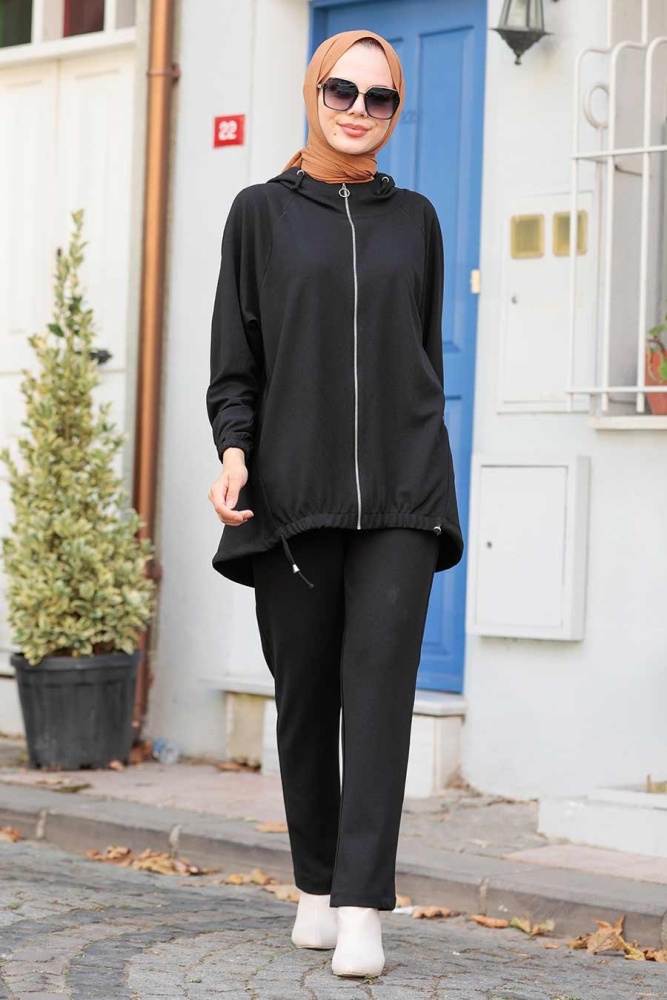 Neva Style - Fermuarlı Siyah Tesettür İkili Takım 1288S - 1