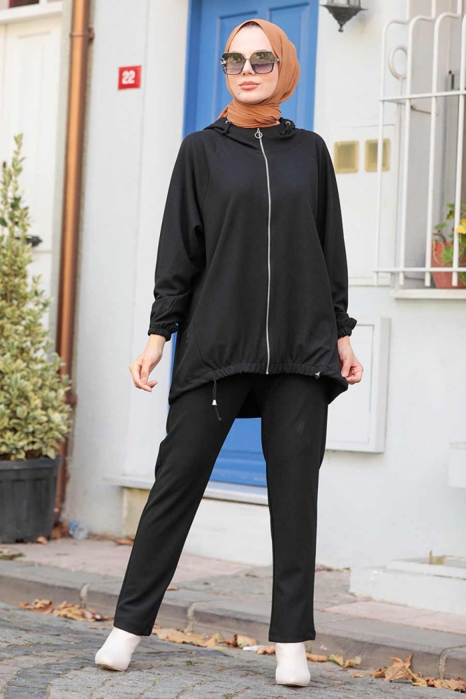 Neva Style - Fermuarlı Siyah Tesettür İkili Takım 1288S - 2
