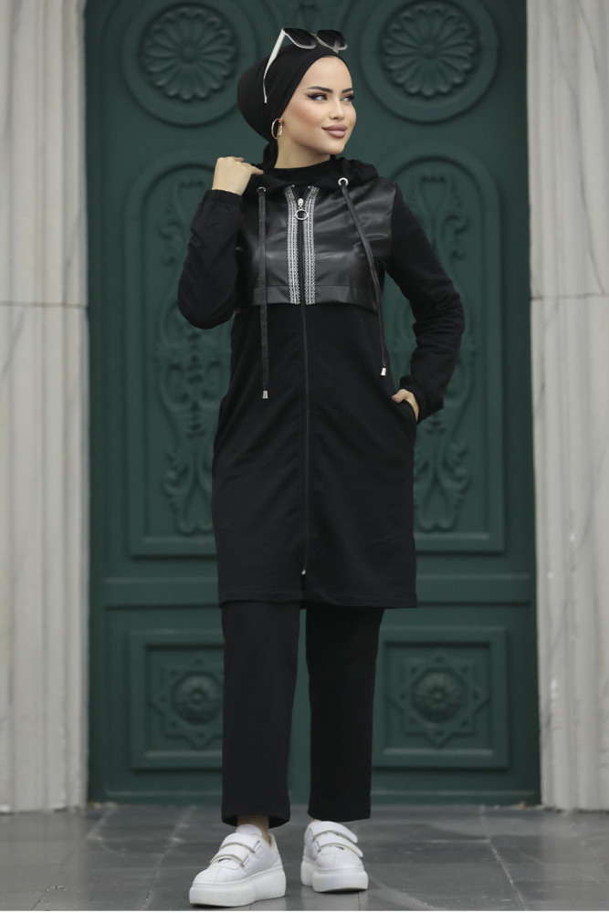 Neva Style - Fermuarlı Siyah Tesettür İkili Takım 13631S - 2