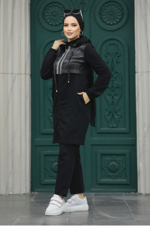 Neva Style - Fermuarlı Siyah Tesettür İkili Takım 13631S - 1