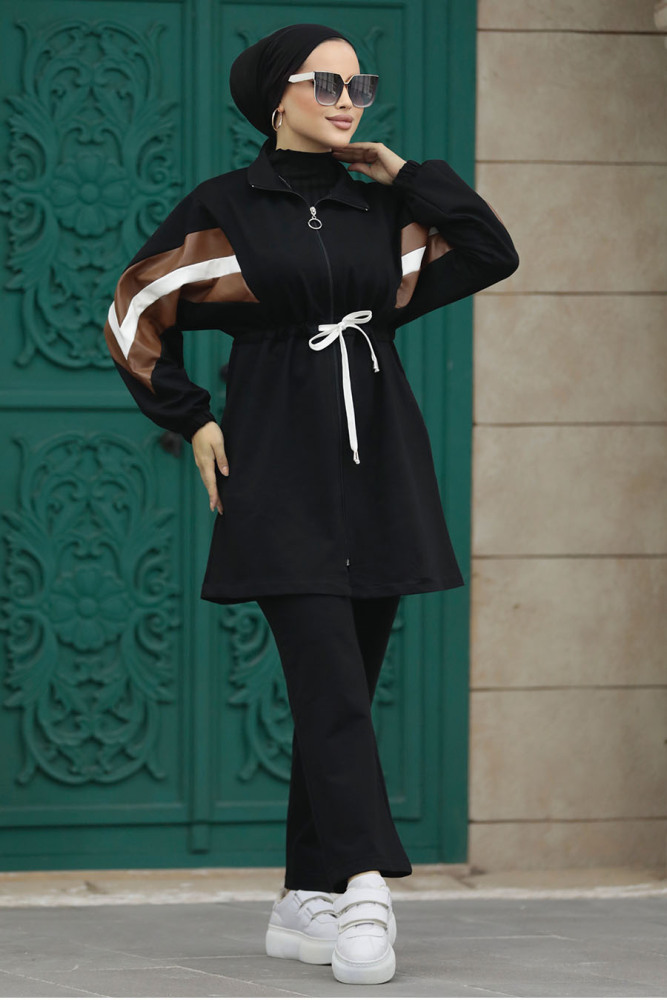 Neva Style - Fermuarlı Siyah Tesettür İkili Takım 1408S - 1