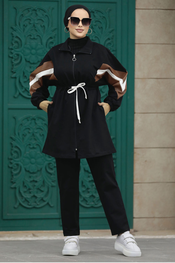 Neva Style - Fermuarlı Siyah Tesettür İkili Takım 1408S - 2