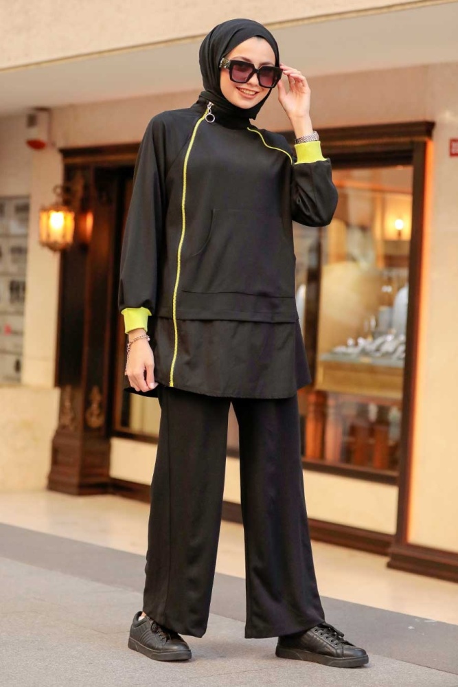 Neva Style - Fermuarlı Siyah Tesettür İkili Takım 19237S - 1