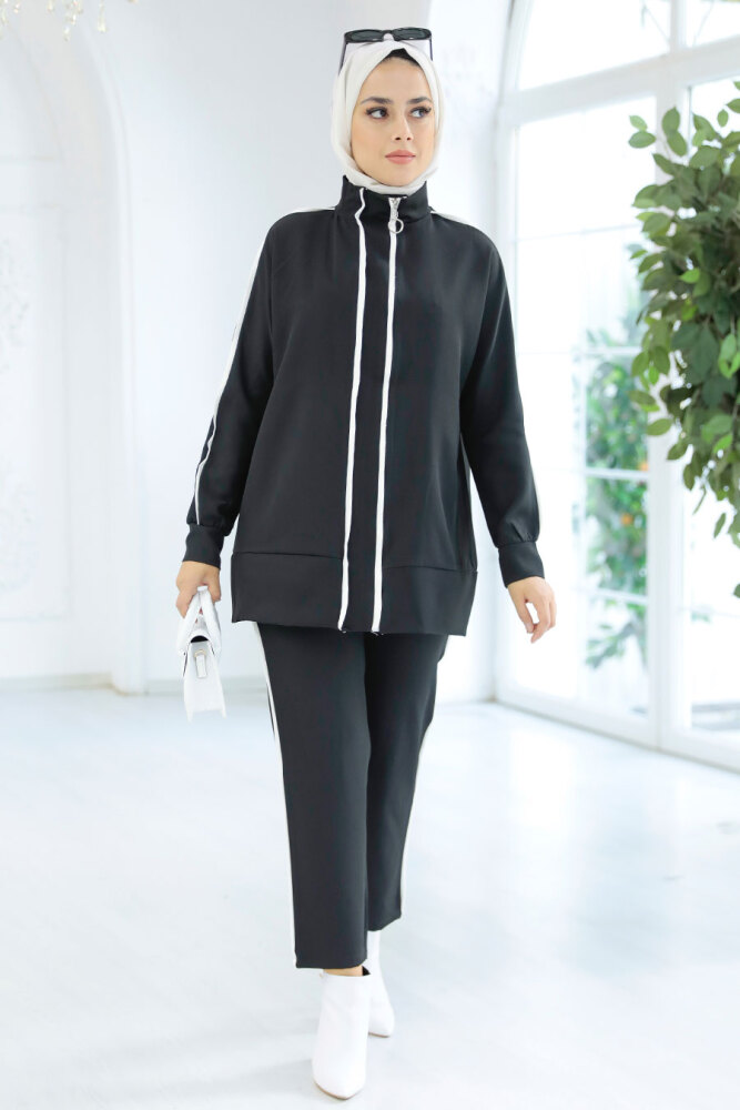 Neva Style - Fermuarlı Siyah Tesettür İkili Takım 22036S - 2
