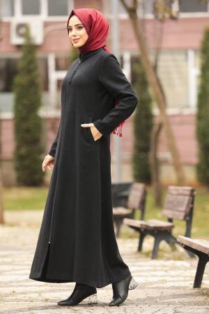 Neva Style - Fermuarlı Siyah Tesettür Kaban 55120S - 1