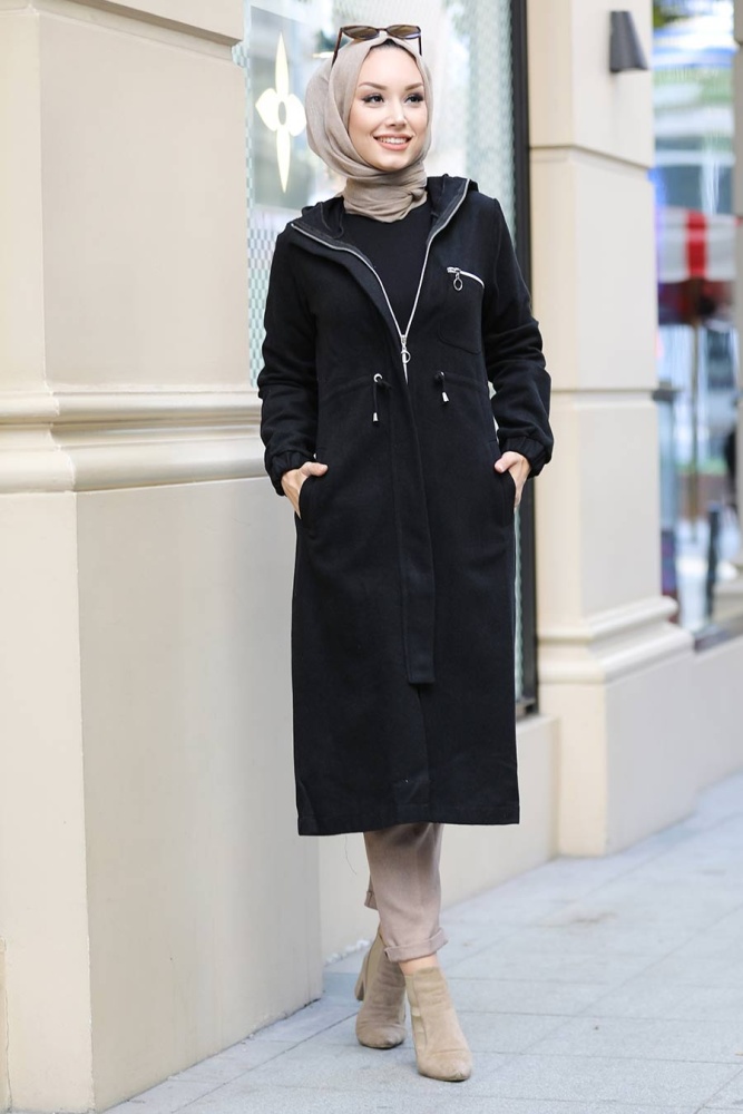 Neva Style - Fermuarlı Siyah Tesettür Kap 5565S - 2