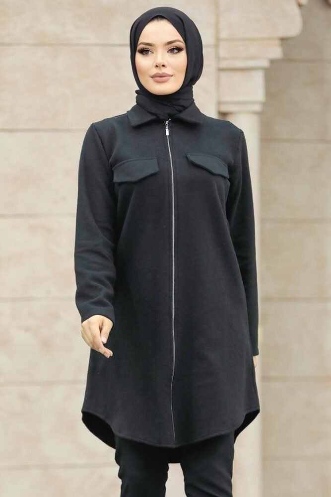 Neva Style - Fermuarlı Siyah Tesettür Kaşe Tunik 5944S - 2