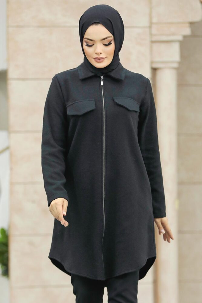 Neva Style - Fermuarlı Siyah Tesettür Kaşe Tunik 5944S - 1