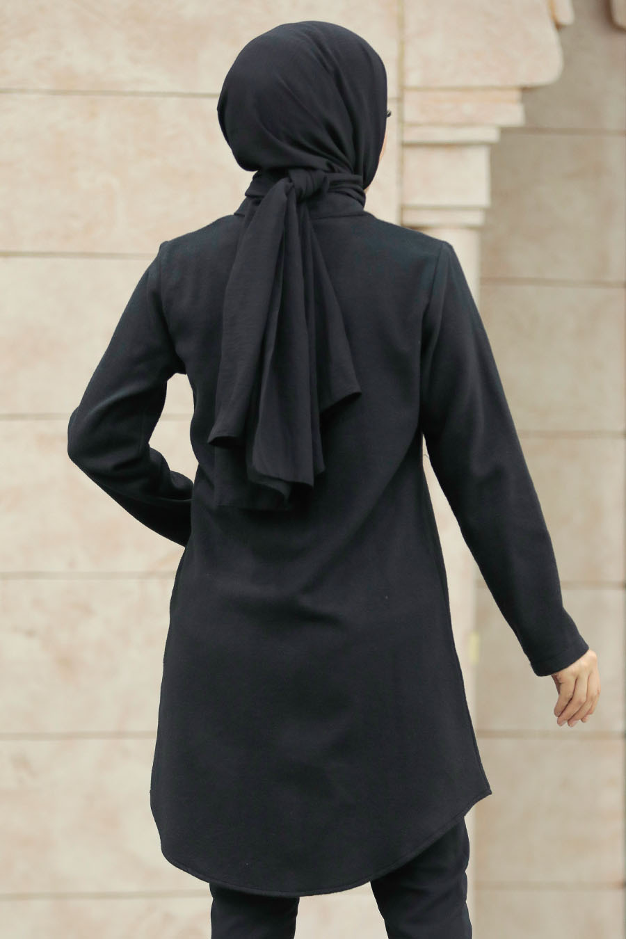 Neva Style - Fermuarlı Siyah Tesettür Kaşe Tunik 5944S