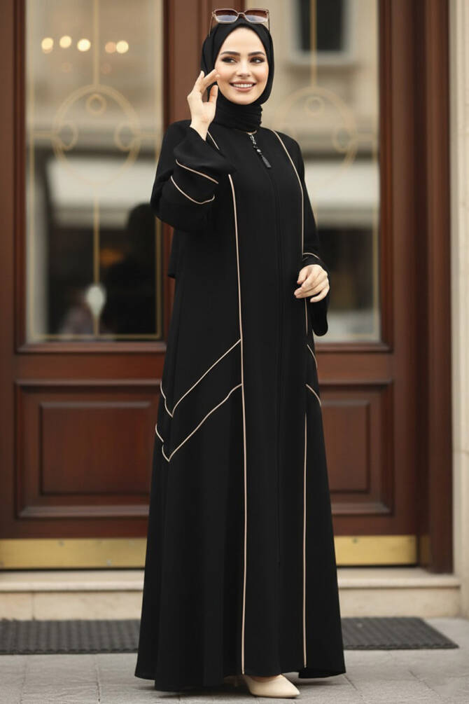  Fermuarlı Siyah Tesettür Rabia Krep Ferace 35162S - 1