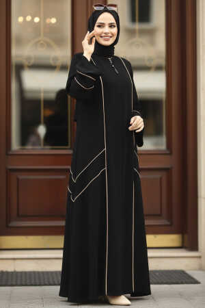  Fermuarlı Siyah Tesettür Rabia Krep Ferace 35162S - 1