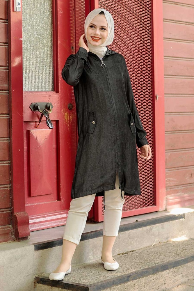 Fermuarlı Siyah Tesettür Tunik 89160S - 1