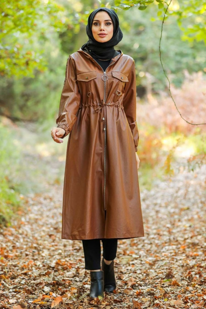 Neva Style - Fermuarlı Taba Tesettür Deri Kap 6775TB - 1