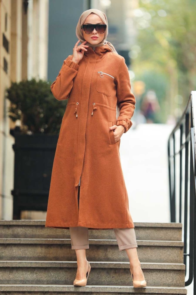 Neva Style - Fermuarlı Taba Tesettür Kap 5565TB - 1