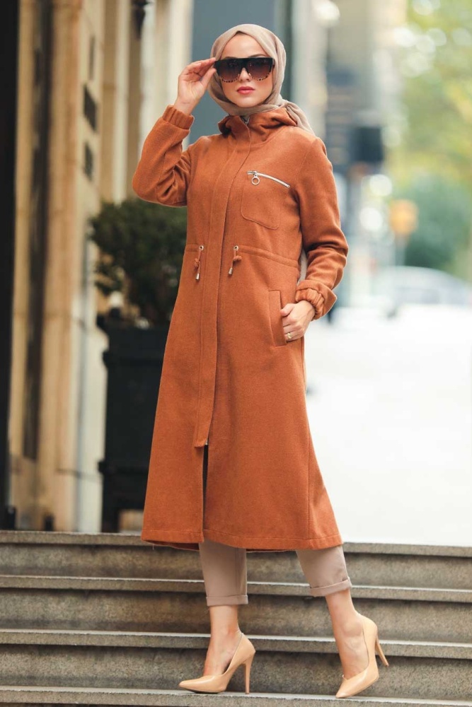 Neva Style - Fermuarlı Taba Tesettür Kap 5565TB - 2