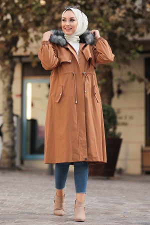 Neva Style - Fermuarlı Taba Tesettür Parka 9066TB - NEVA STYLE