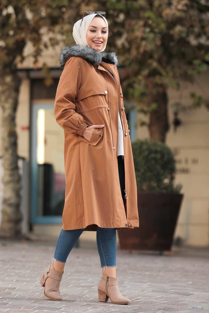 Neva Style - Fermuarlı Taba Tesettür Parka 9066TB - 2