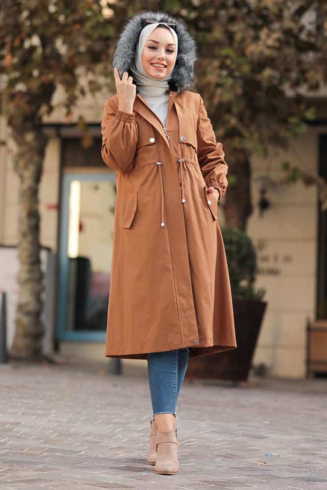 Neva Style - Fermuarlı Taba Tesettür Parka 9066TB - 3