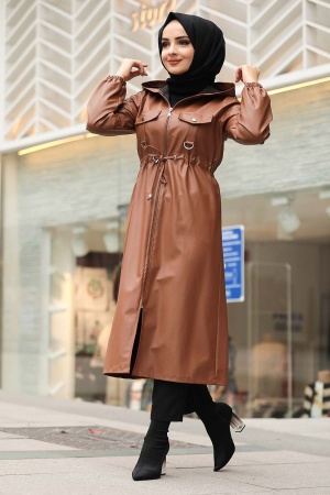 Neva Style - Fermuarlı Taba Tesettür Suni Deri Kap 1329TB - 1
