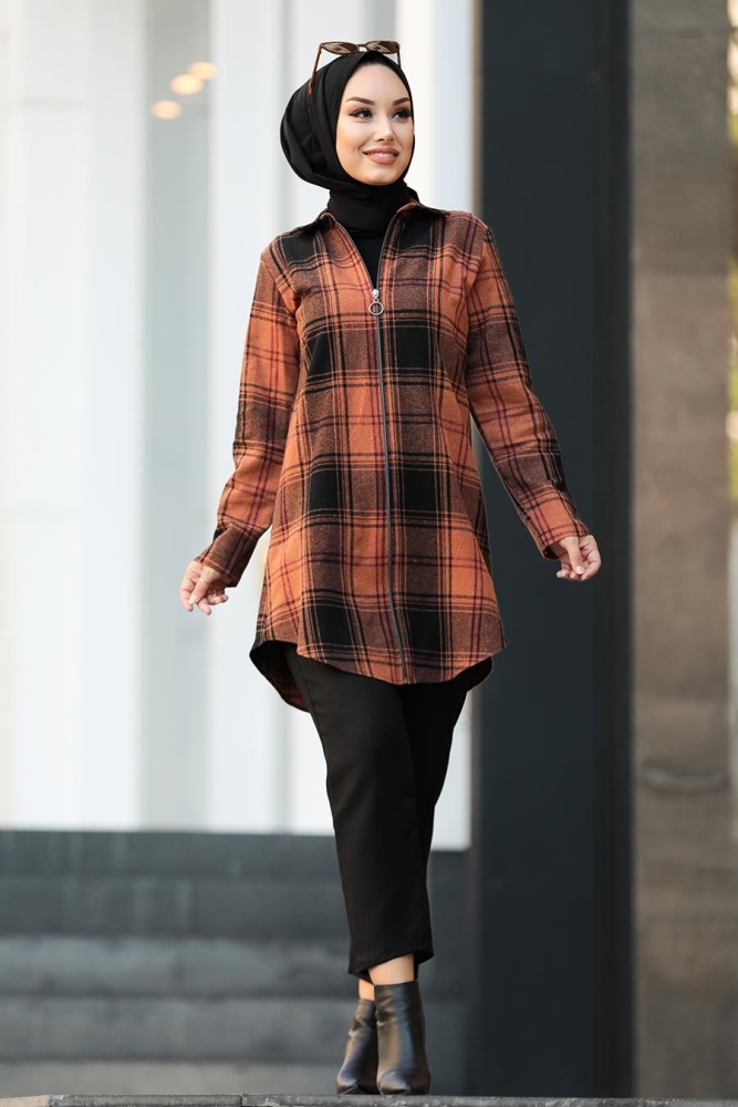 Neva Style - Fermuarlı Taba Tesettür Tunik 20030TB - 1