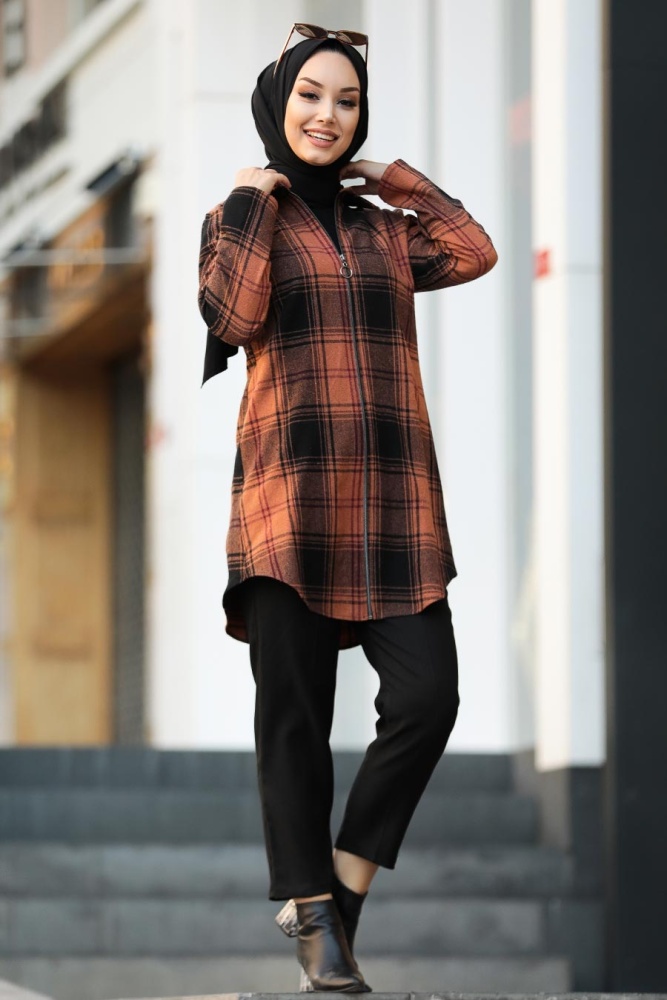 Neva Style - Fermuarlı Taba Tesettür Tunik 20030TB - 2