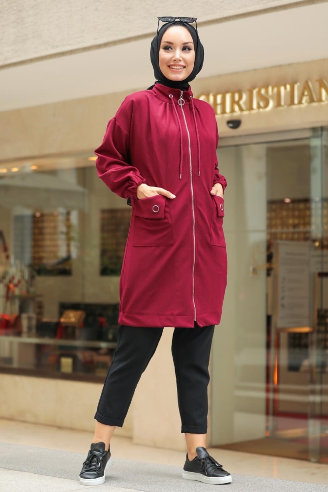 Neva Style - Fermuarlı Vişne Tesettür Kap 8862VSN - 1