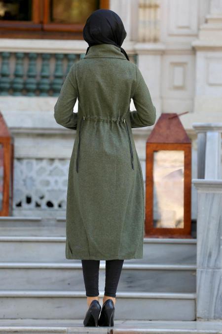 Neva Style - Fermuarlı Yeşil Kaşe Tesettür Kap 2163Y - 2