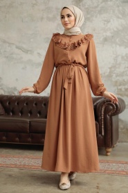 Neva Style - Fırfır Detaylı Taba Tesettür Elbise 616TB - Thumbnail