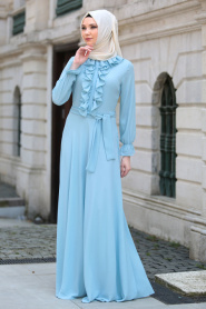 Neva Style - Fırfır Detaylı Bebek Mavisi Tesettür Elbise 41430BM - Thumbnail