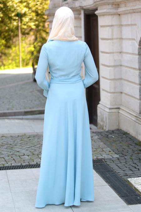 Neva Style - Fırfır Detaylı Bebek Mavisi Tesettür Elbise 41430BM - 2