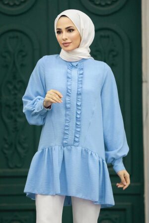  Fırfır Detaylı Bebek Mavisi Tesettür Tunik 5898BM - 1