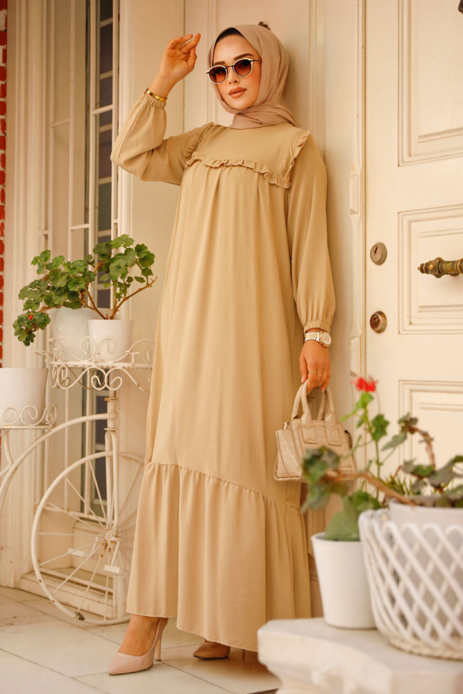 Neva Style - Fırfır Detaylı Bej Tesettür Elbise 7681BEJ - 1