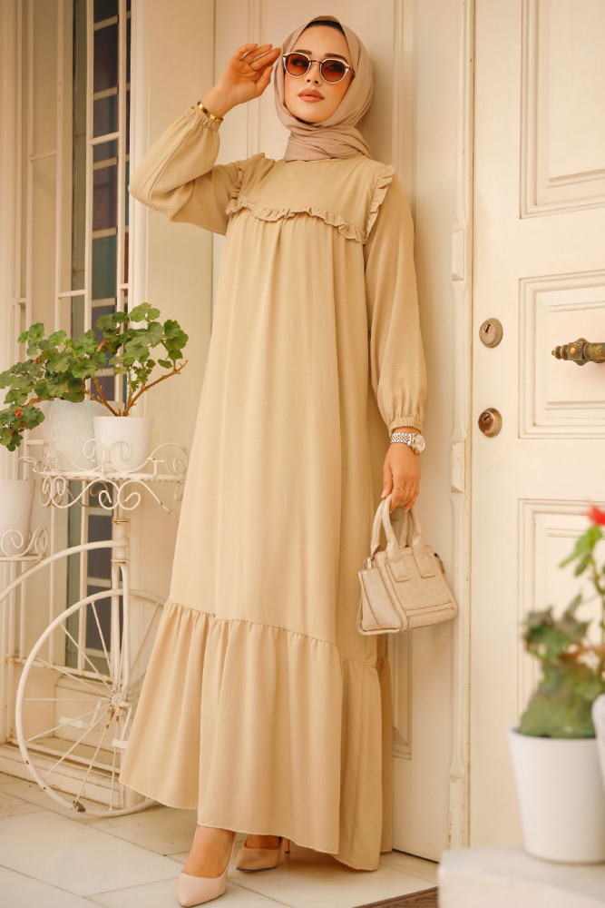 Neva Style - Fırfır Detaylı Bej Tesettür Elbise 7681BEJ - 2