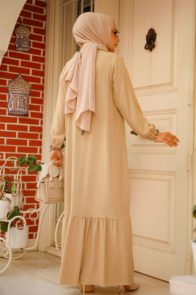 Neva Style - Fırfır Detaylı Bej Tesettür Elbise 7681BEJ - 3