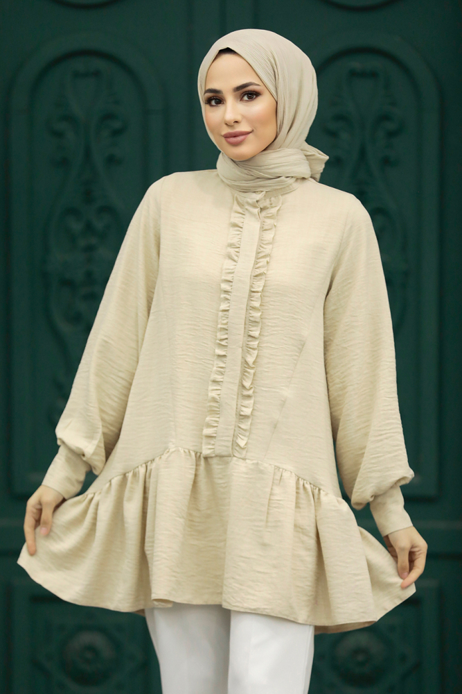 Neva Style - Fırfır Detaylı Bej Tesettür Tunik 5898BEJ - NEVA STYLE