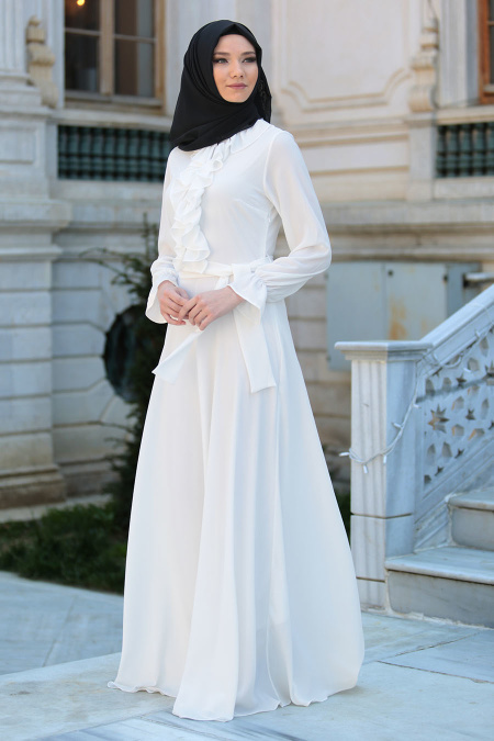 Neva Style - Fırfır Detaylı Beyaz Tesettür Elbise 41430B