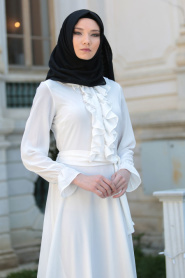 Neva Style - Fırfır Detaylı Beyaz Tesettür Elbise 41430B - Thumbnail