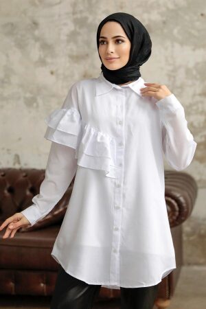 Neva Style - Fırfır Detaylı Beyaz Tesettür Tunik 11191B - 1