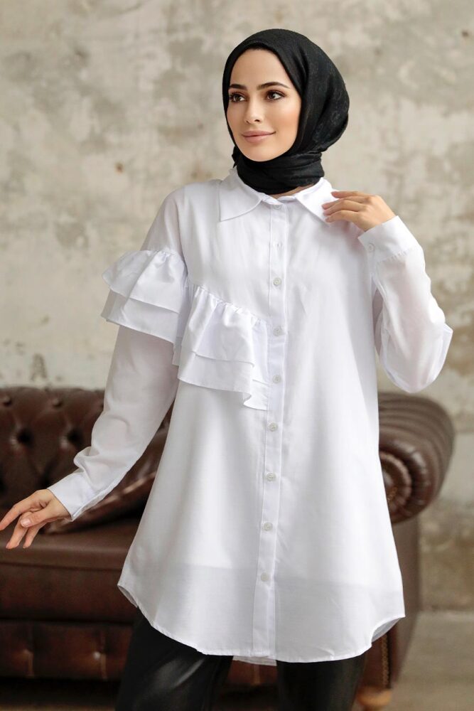 Neva Style - Fırfır Detaylı Beyaz Tesettür Tunik 11191B - NEVA STYLE