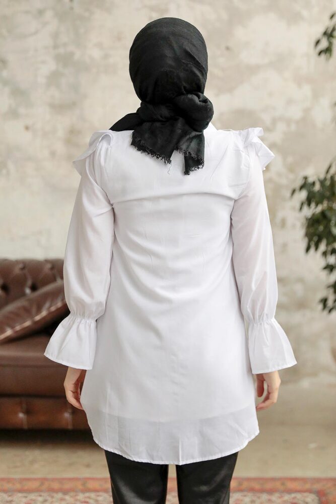Neva Style - Fırfır Detaylı Beyaz Tesettür Tunik 1139B - 3
