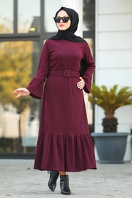 Neva Style - Fırfır Detaylı Bordo Tesettür Elbise 12016BR - Thumbnail