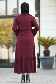 Neva Style - Fırfır Detaylı Bordo Tesettür Elbise 12016BR - Thumbnail