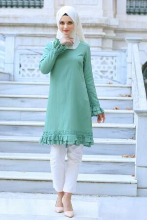 Neva Style - Fırfır Detaylı Çağla Yeşili Tesettür Tunik 52300CY - 1