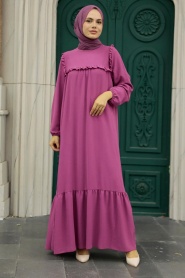 Neva Style - Fırfır Detaylı Fuşya Tesettür Elbise 7681F - Thumbnail