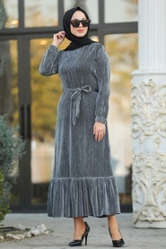 Neva Style - Fırfır Detaylı Gri Tesettür Elbise 10566GR - Thumbnail
