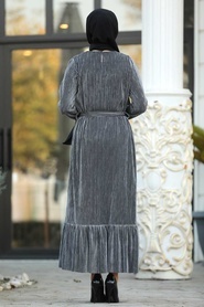 Neva Style - Fırfır Detaylı Gri Tesettür Elbise 10566GR - Thumbnail