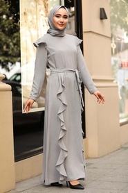 Neva Style - Fırfır Detaylı Gri Tesettür Elbise 3331GR - Thumbnail