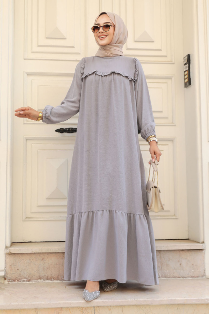 Neva Style - Fırfır Detaylı Gri Tesettür Elbise 7681GR - 1