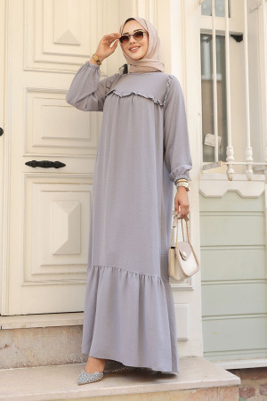 Neva Style - Fırfır Detaylı Gri Tesettür Elbise 7681GR - 2